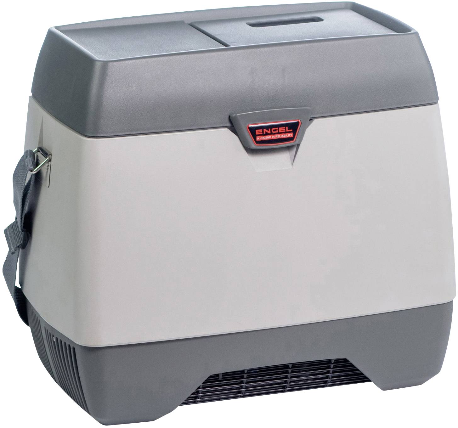 Glacière portable avec boîtier gris et couvercle noir, adaptée pour le camping ou les voyages. Elle est équipée d'une poignée de transport et de fentes de ventilation.