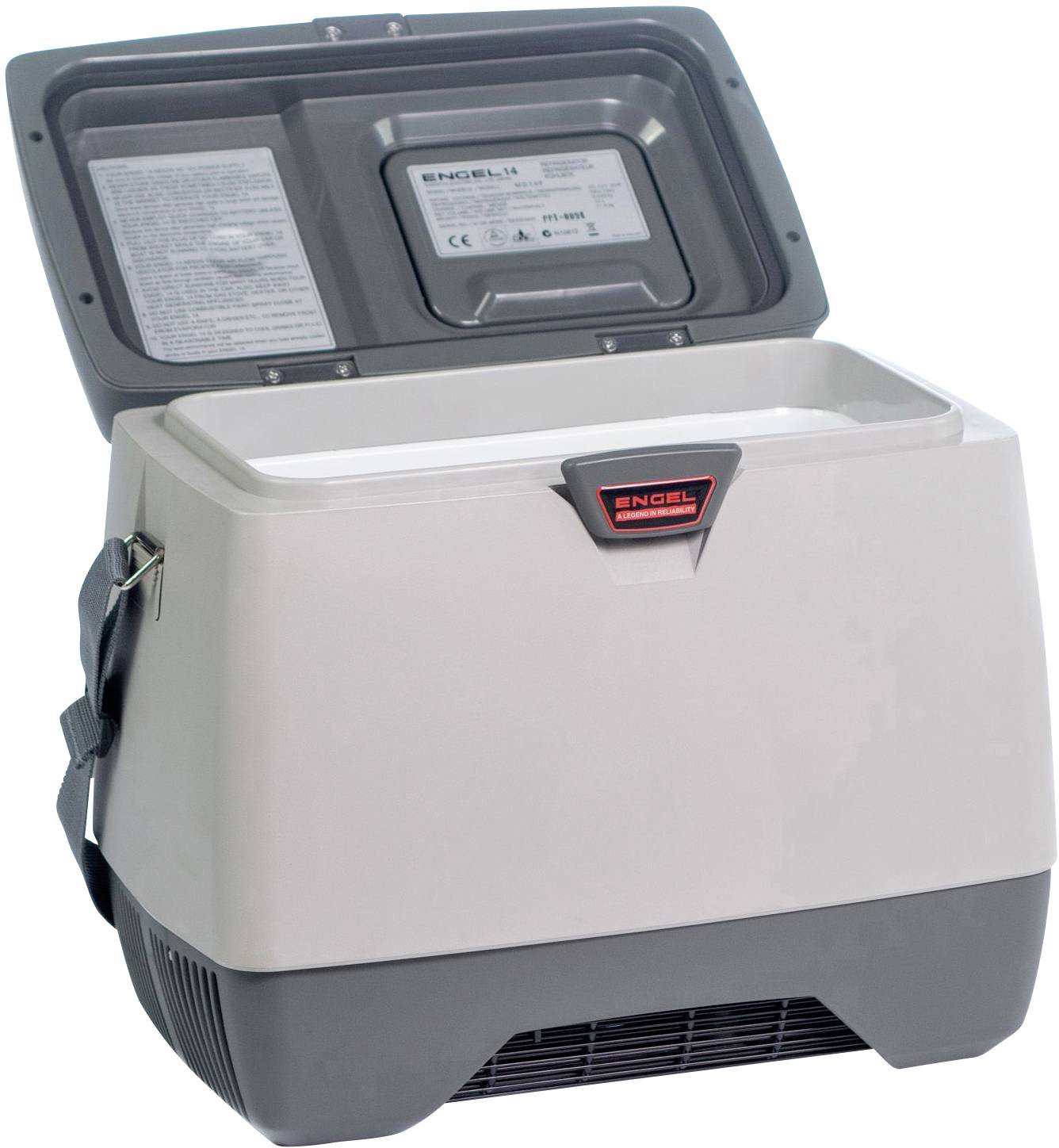 Réfrigérateur portable gris avec couvercle ouvert, montrant un compartiment pour le stockage des aliments ou des boissons.