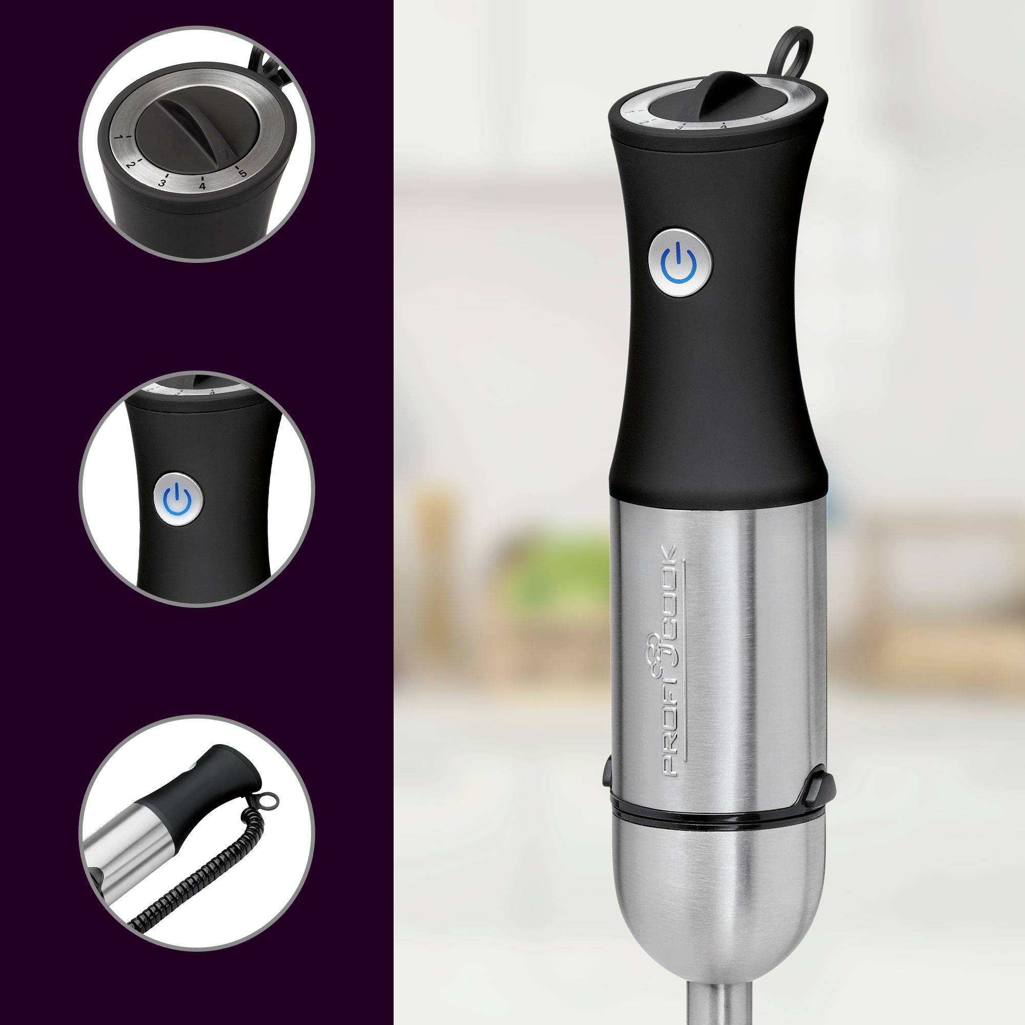 Un mixeur plongeant en argent et noir avec bouton-poussoir et anneau de suspension, représenté sous différents angles.