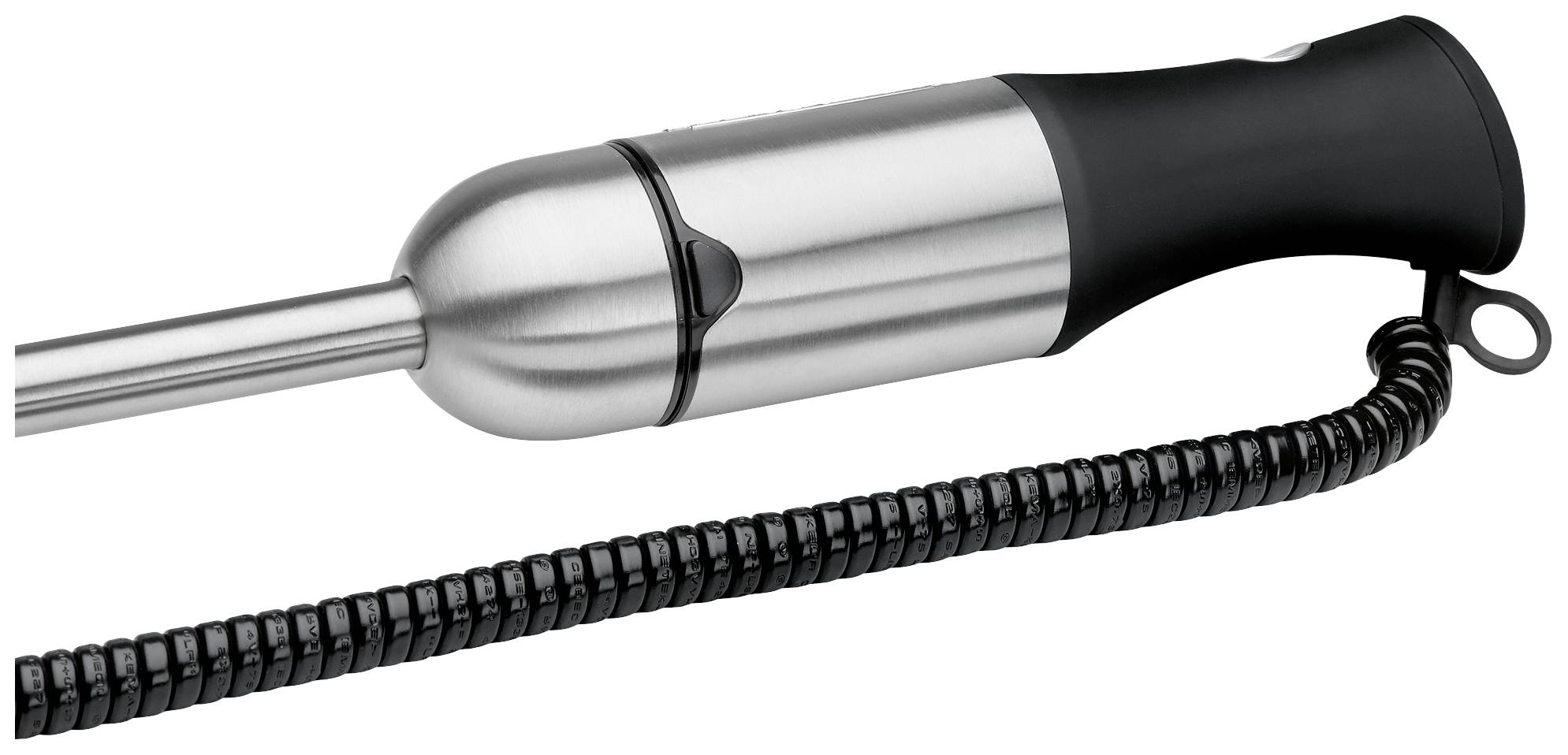 Batteur électrique avec boîtier en acier inoxydable et câble spiralé.