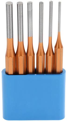 Six stylos oranges à pointes argentées dans un support bleu.