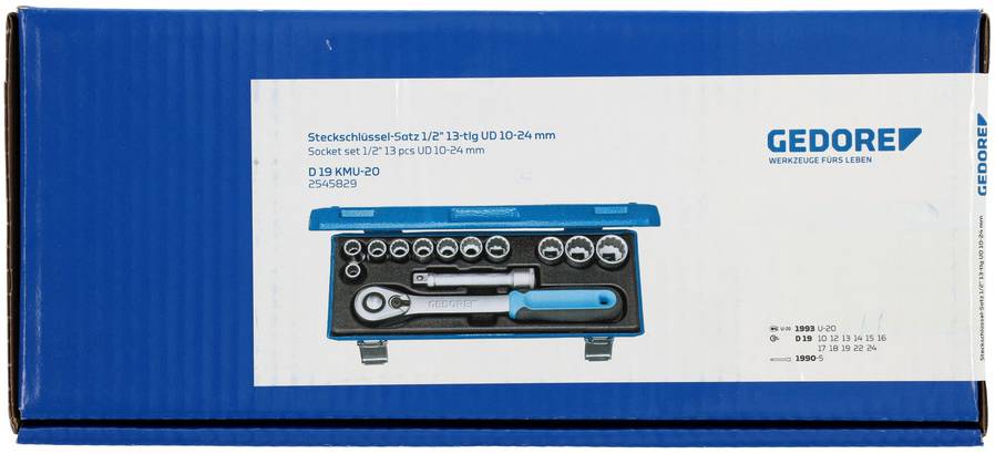 Coffret de douilles 1/2", 13 pièces, ID 10-24 mm, Gedore avec cliquet et douilles de différentes tailles. Modèle D 19 KMU-20.