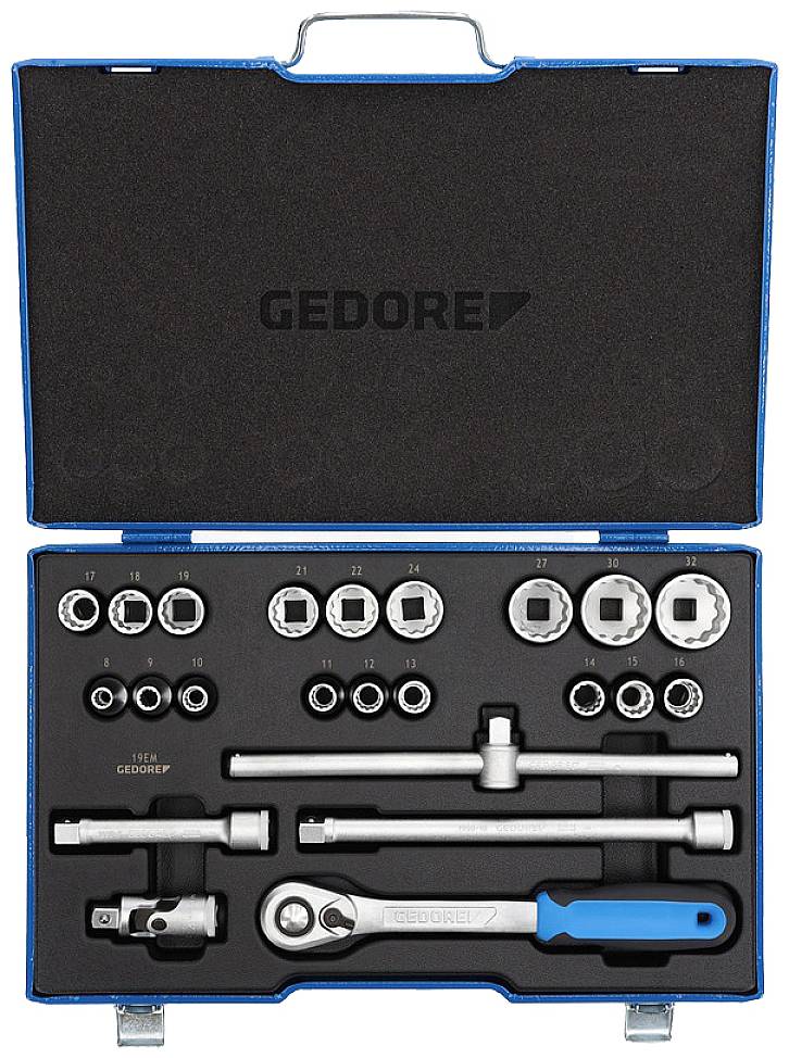 'Coffret à outils Gedore avec jeu de clés à cliquet, douilles et accessoires. Comprend une clé à cliquet réversible, des rallonges et des adaptateurs.'