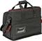 Un sac à outils noir avec des accents rouges et une poignée de transport. Il dispose d'une zone avant en plastique transparent et d'une bandoulière.