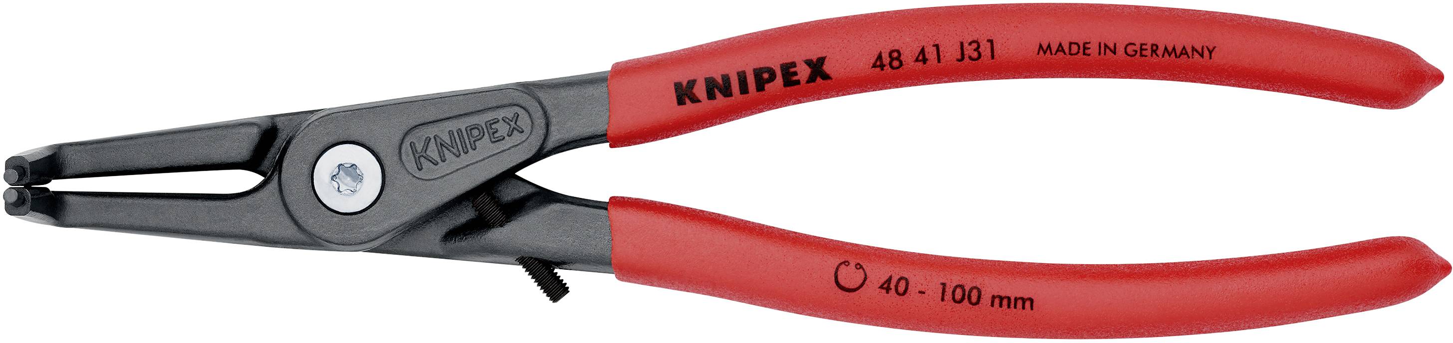 Pince circulaire pour circlips extérieurs de couleur rouge de la marque Knipex, numéro de modèle 48 41 J31, adaptée pour des diamètres de 40–100 mm, avec l'inscription 'Made in Germany'.