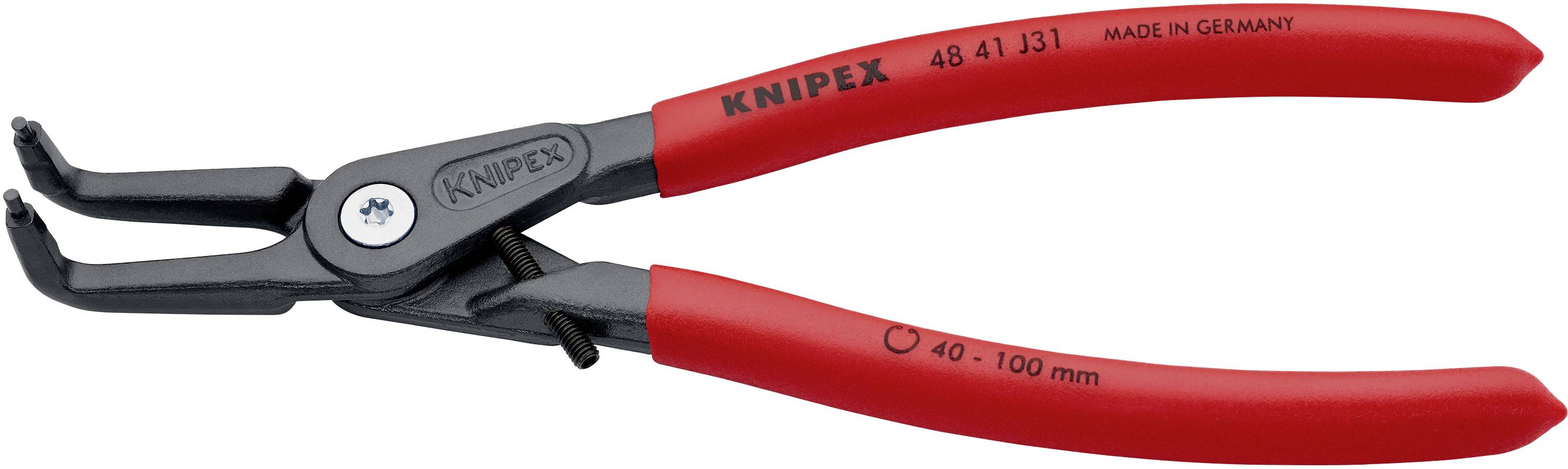 Pince à circlips rouge avec tête de préhension noire, marquée 'KNIPEX', adaptée pour des diamètres de 40-100 mm, fabriquée en Allemagne.