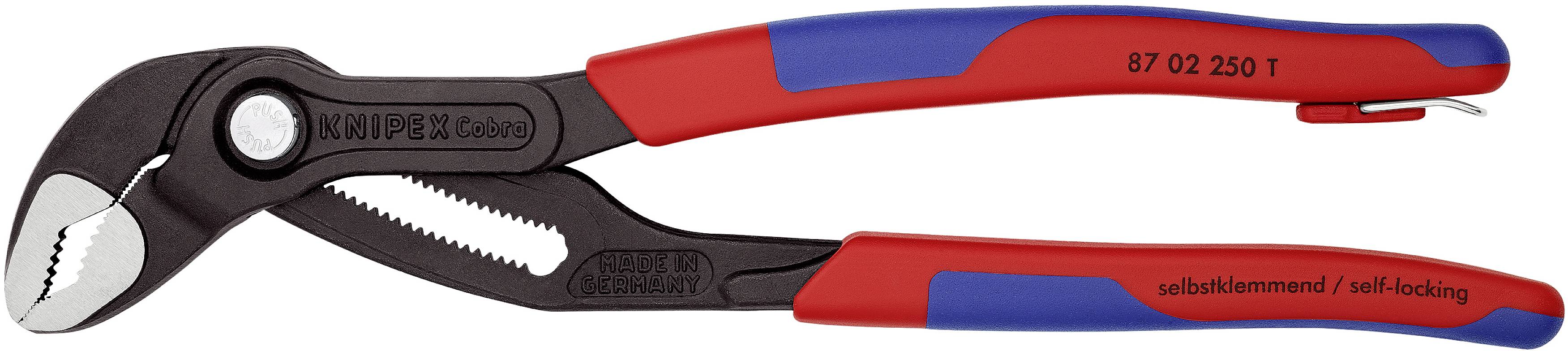 Pince multiprise rouge et bleue avec mécanisme d'ajustement automatique et numéro de série '87 02 250 T'.