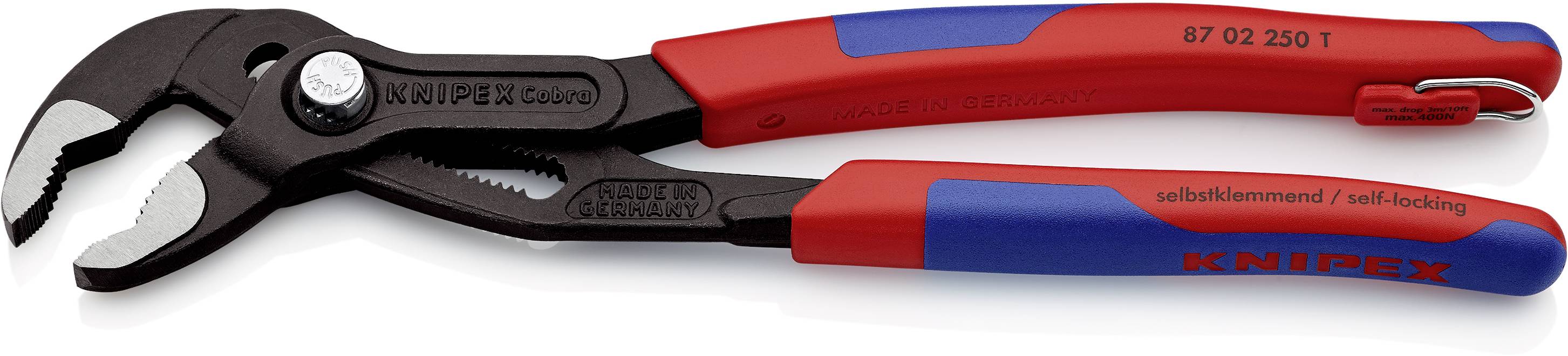 Une pince multiprise KNIPEX rouge et bleue avec fonction d'auto-serrage.