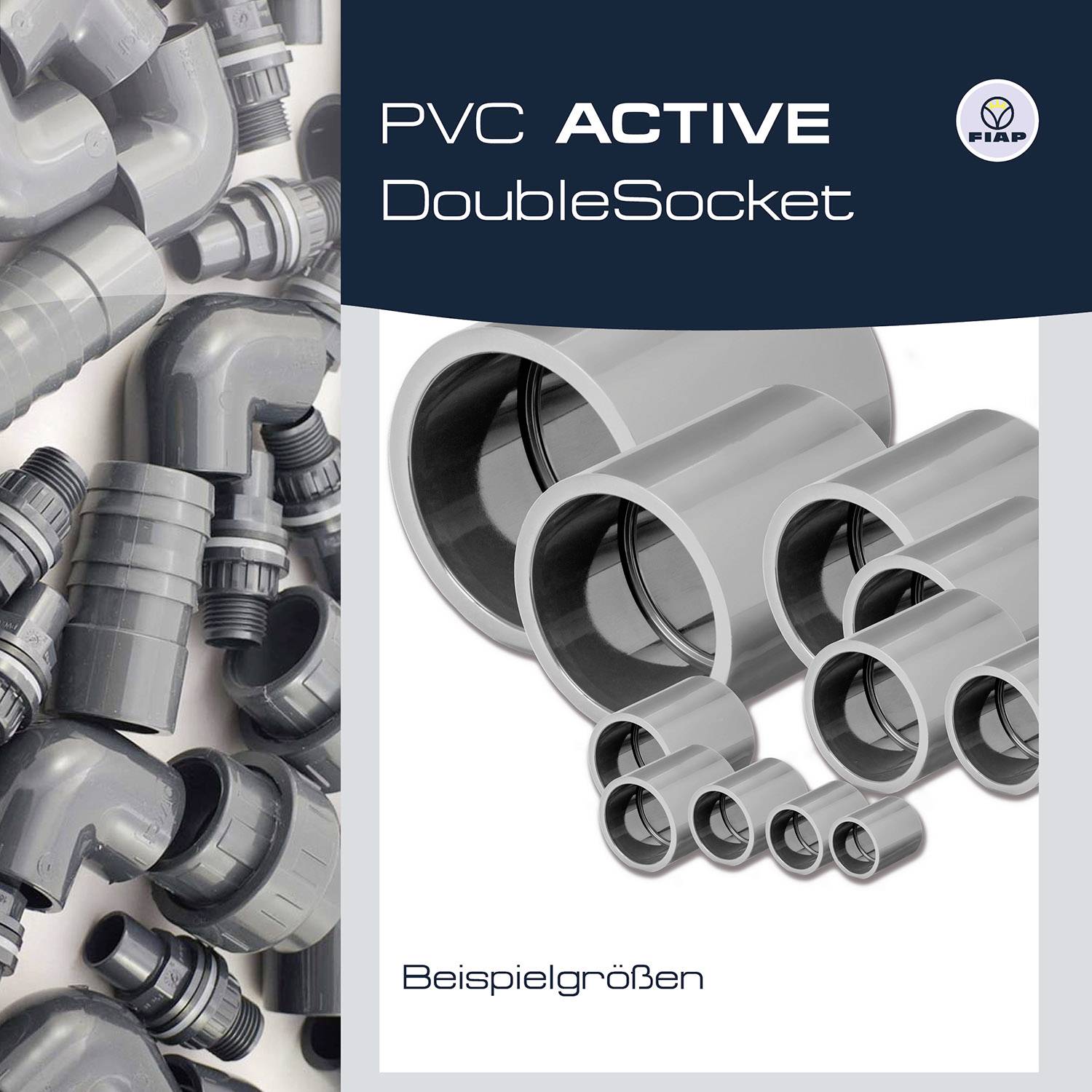 'PVC ACTIVE Double Raccord Exemples de dimensions' montre plusieurs tubes et raccords PVC gris de différentes tailles.