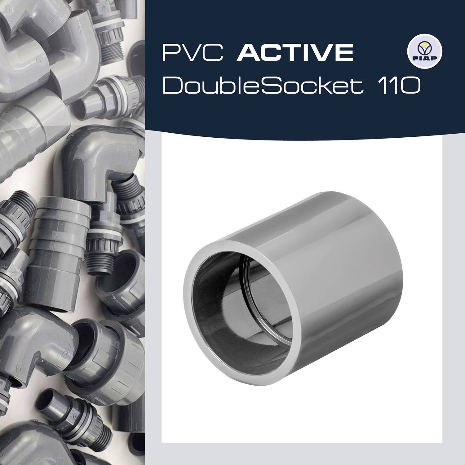 Manchette PVC ACTIVE à double emboîture 110 et raccords de tuyaux gris. Accent principal sur une double emboîture grise en PVC, entourée de produits similaires.