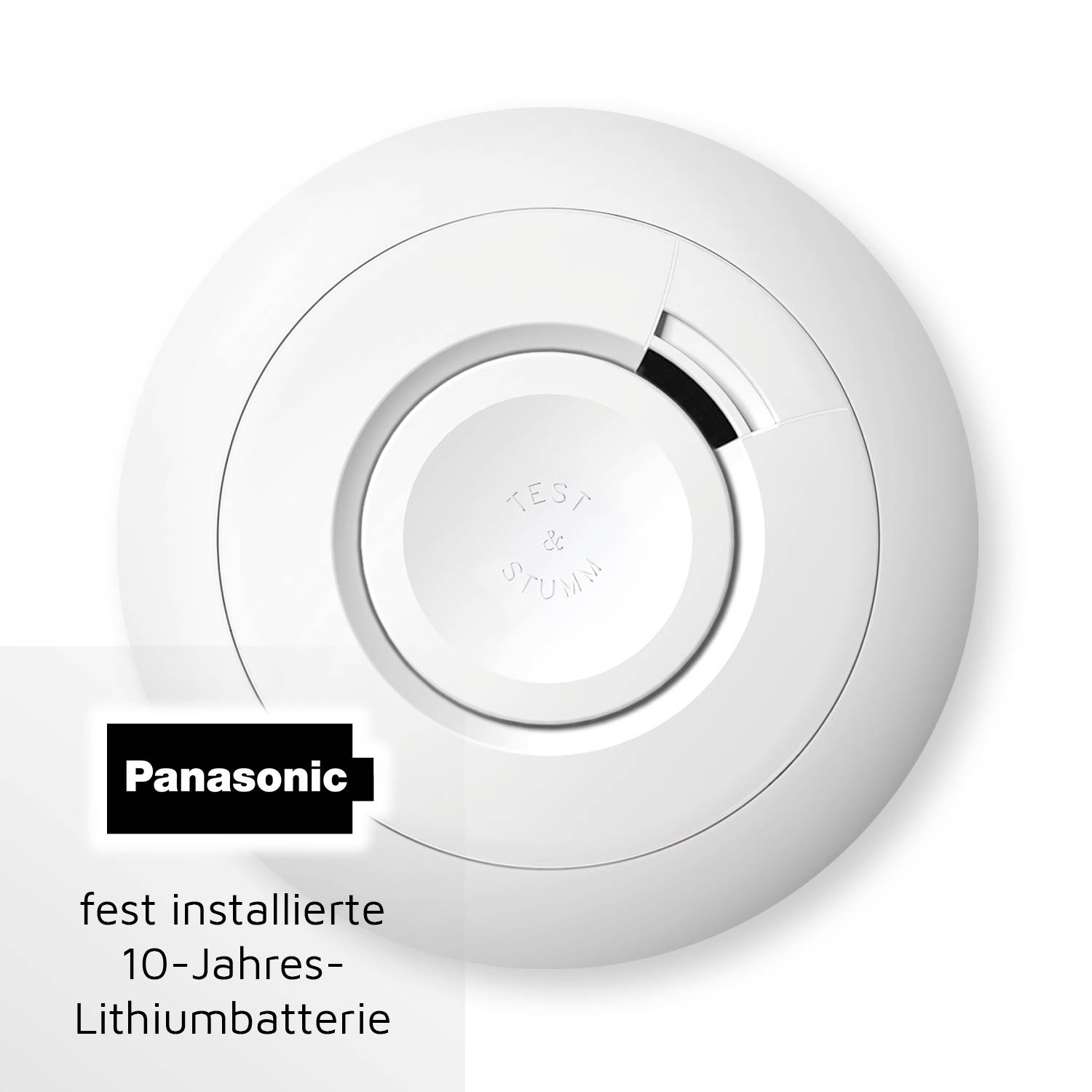 Détecteur de fumée rond équipé d'une batterie lithium installée à demeure pour une durée de 10 ans. Fabricant : Panasonic.