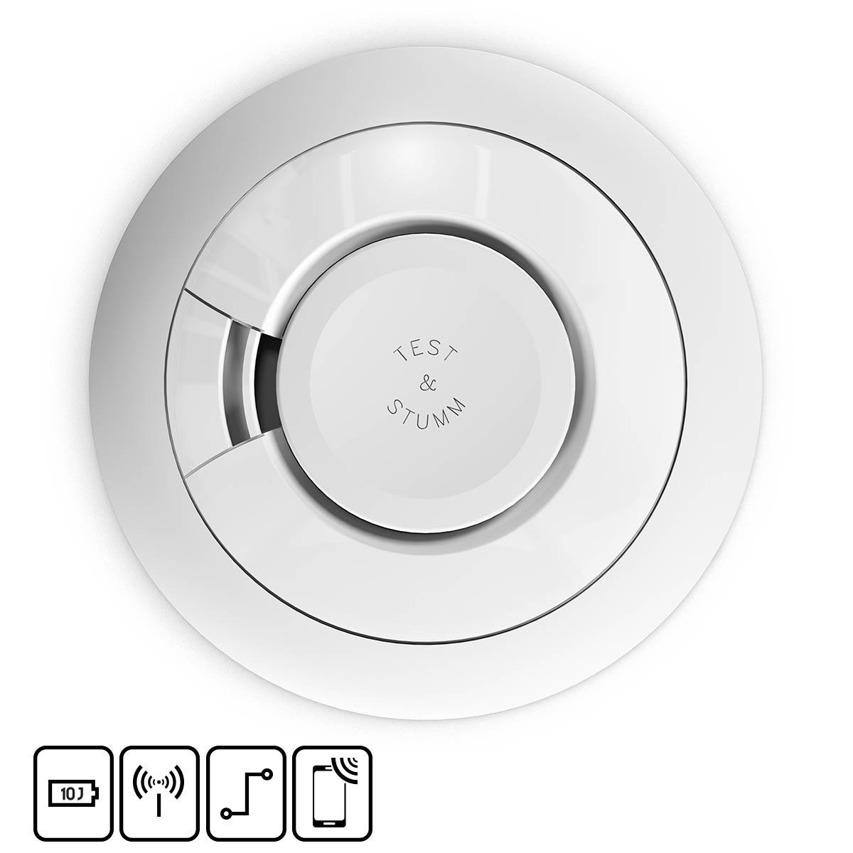 Un détecteur de fumée au plafond, positionné de manière centrale. En dessous, des symboles indiquant le capteur, la connexion sans fil, le montage et le contrôle via l'application smartphone.