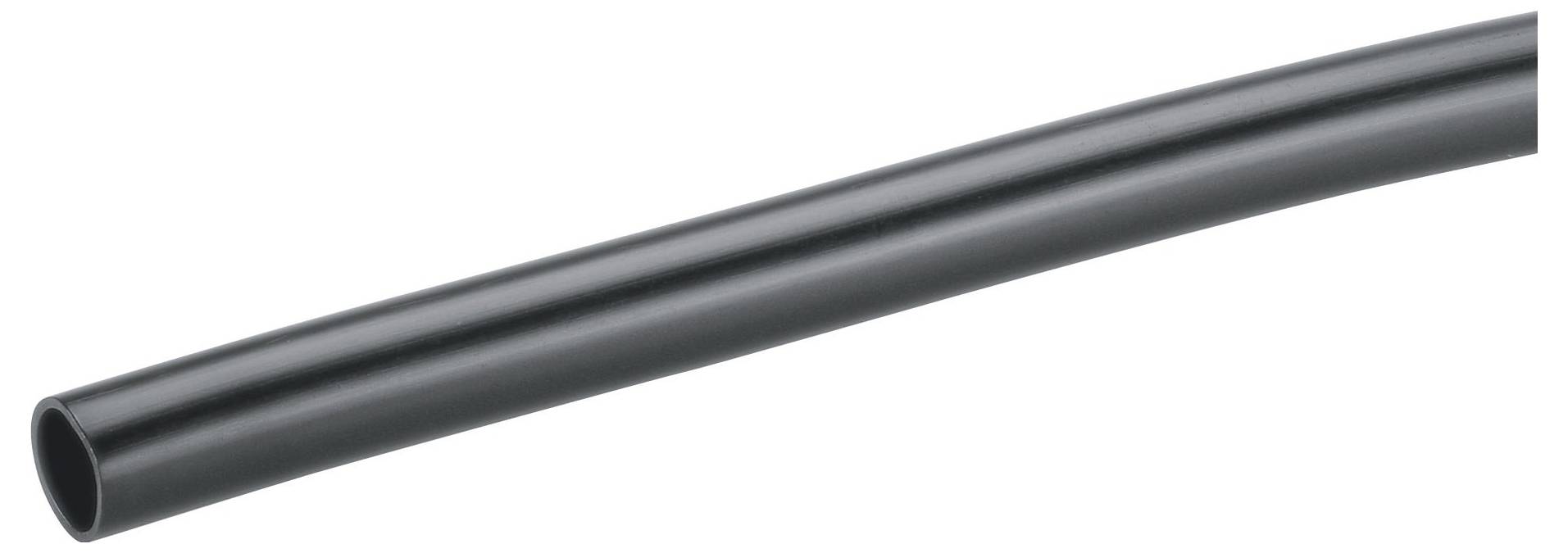 Un tuyau droit en plastique noir sur un fond blanc, probablement adapté à la protection de câbles ou au transport de liquides.
