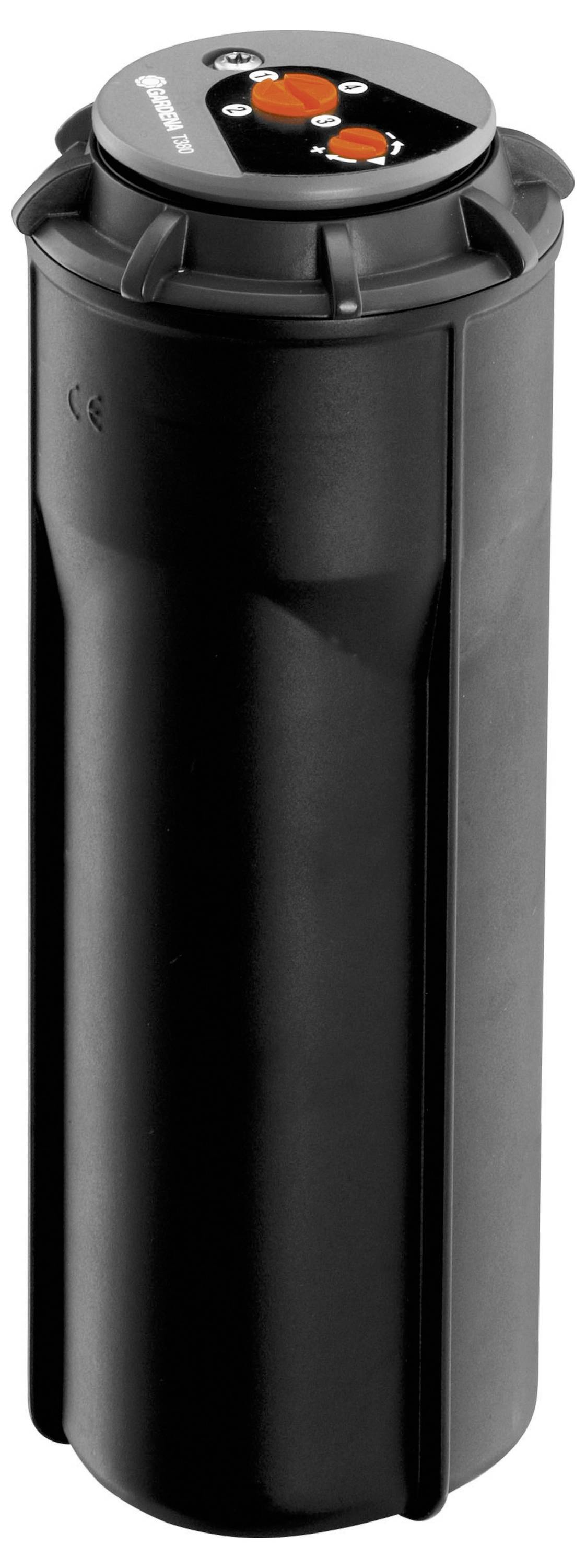 Cylindre en plastique noir avec deux boutons orange et un bouton rouge sur un panneau de commande noir en haut.