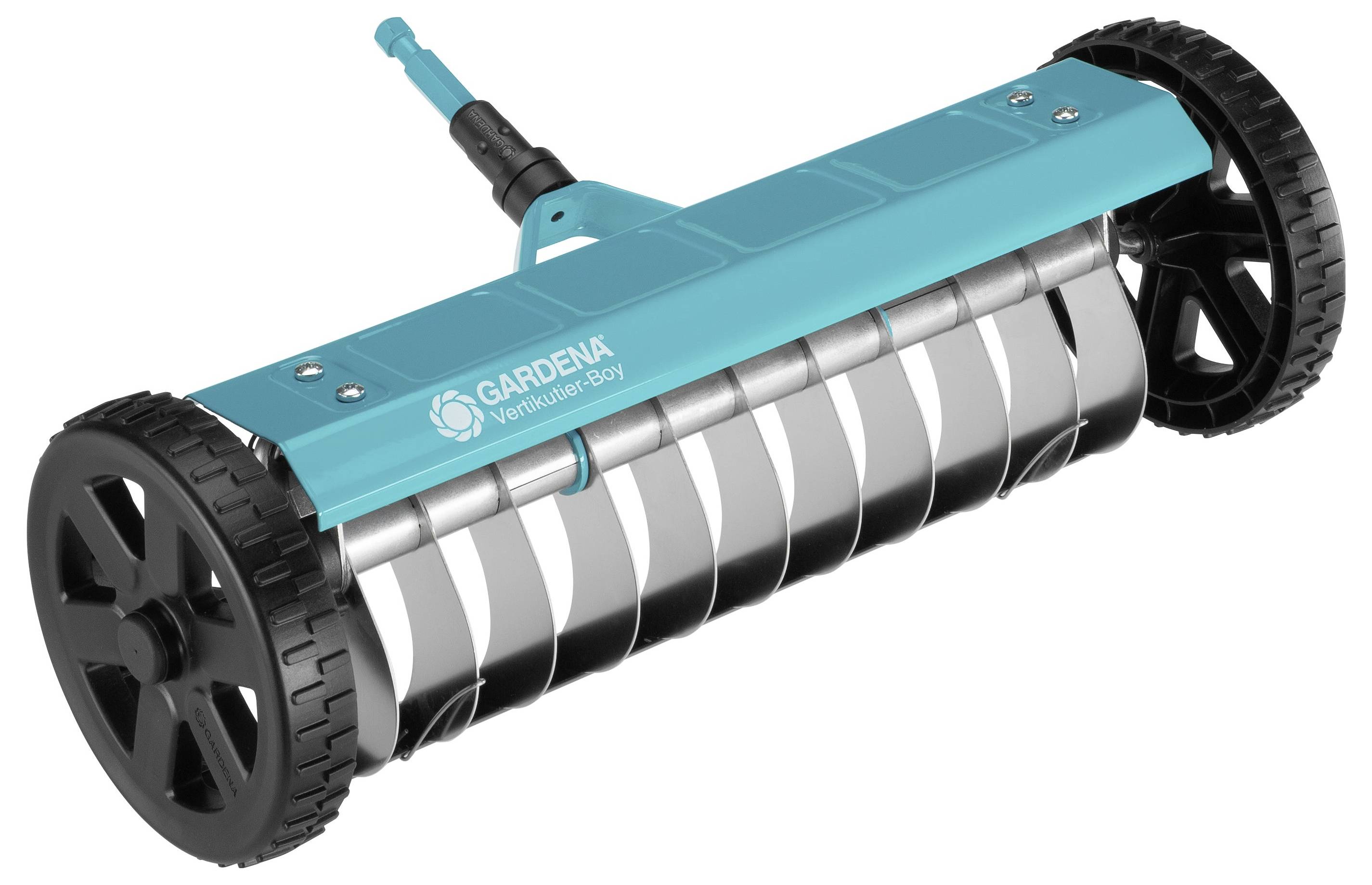 Aérateur de pelouse manuel avec une poignée bleue et des roues noires, adapté à l'aération du gazon et à l'amélioration de la qualité du sol.