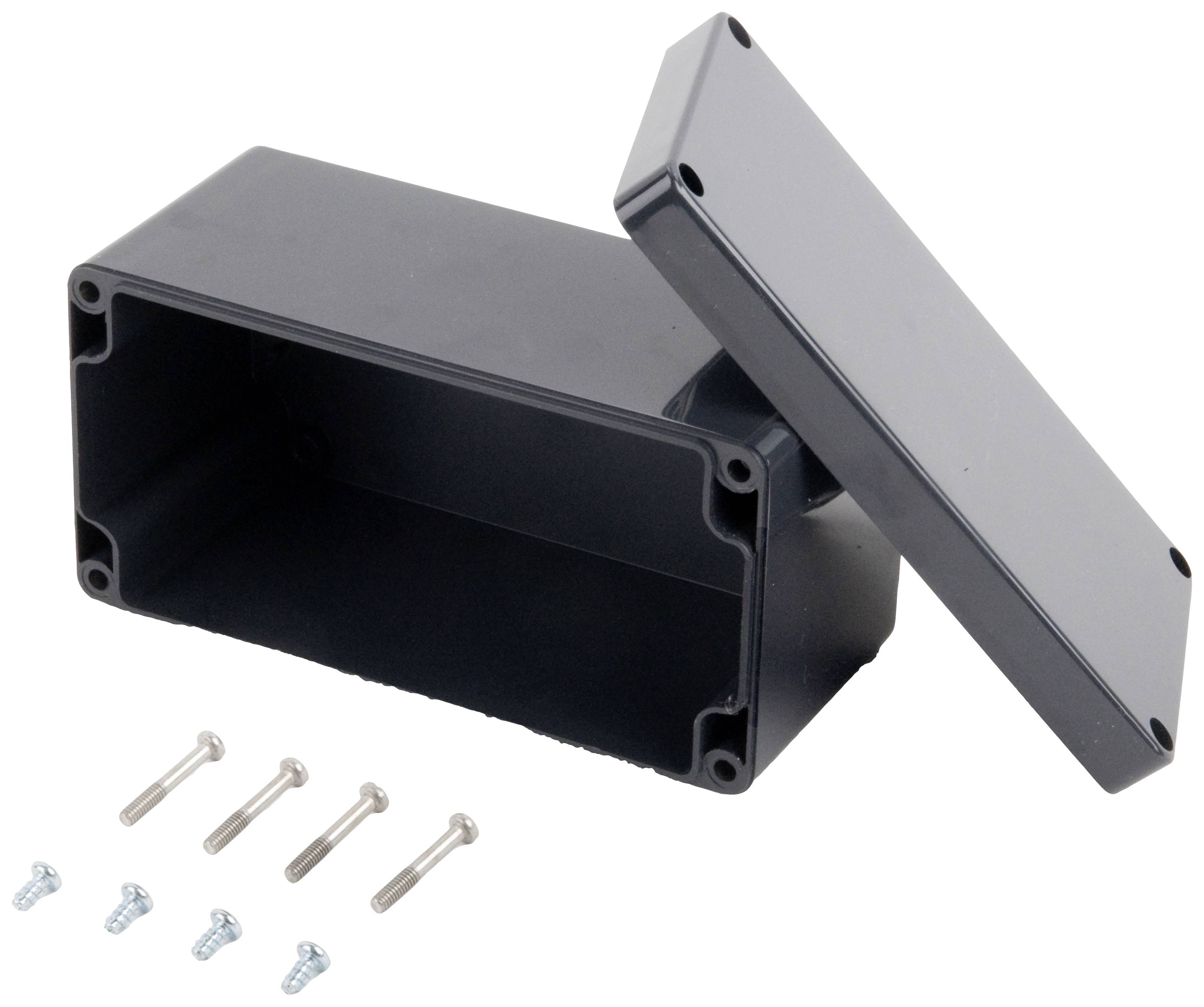Boîtier rectangulaire noir, ouvert avec son couvercle retiré. Quatre vis sont disposées à côté. Idéal pour les projets électroniques.
