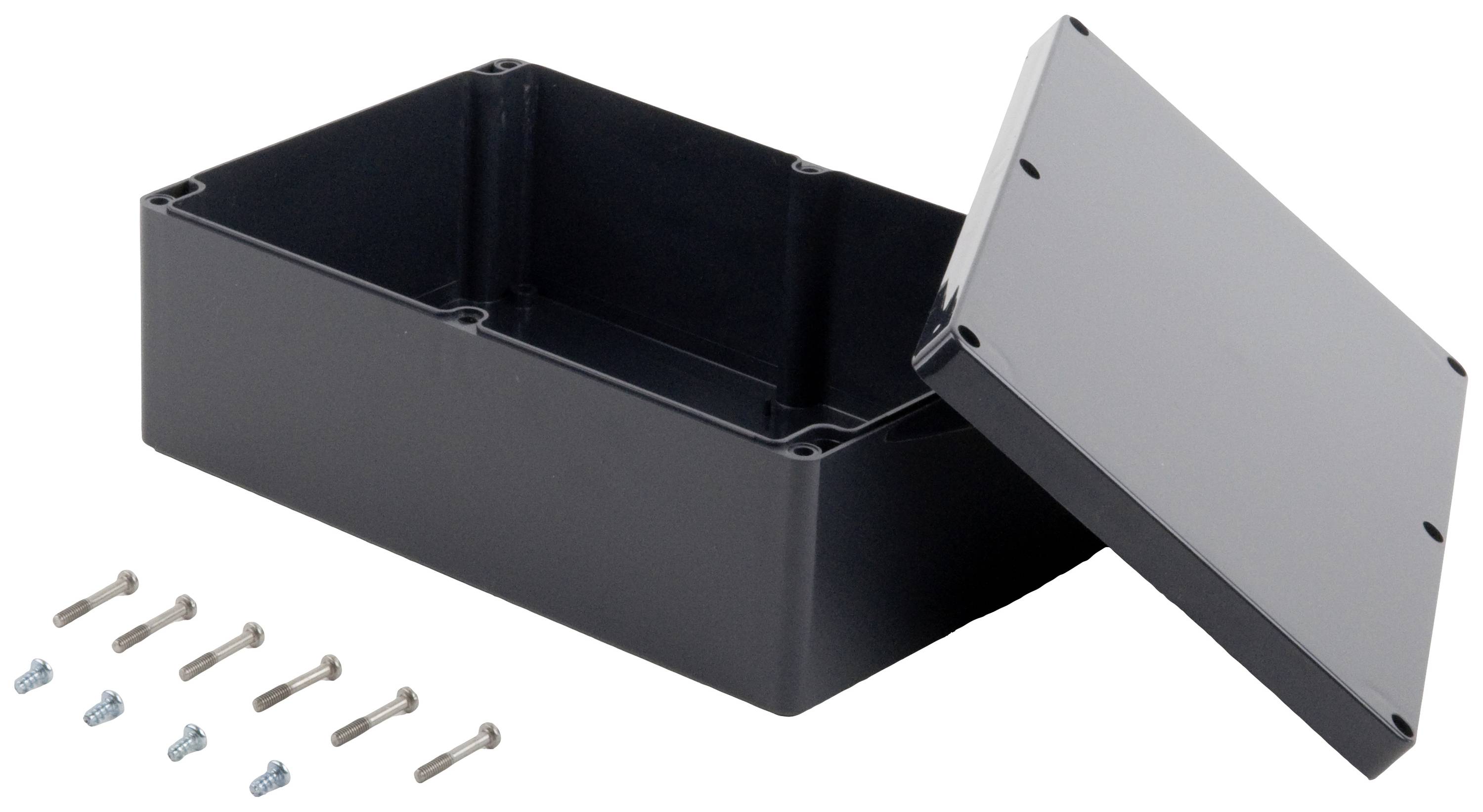Boîtier rectangulaire noir en plastique avec couvercle amovible, sept vis argentées à côté. Adapté pour les projets électroniques.