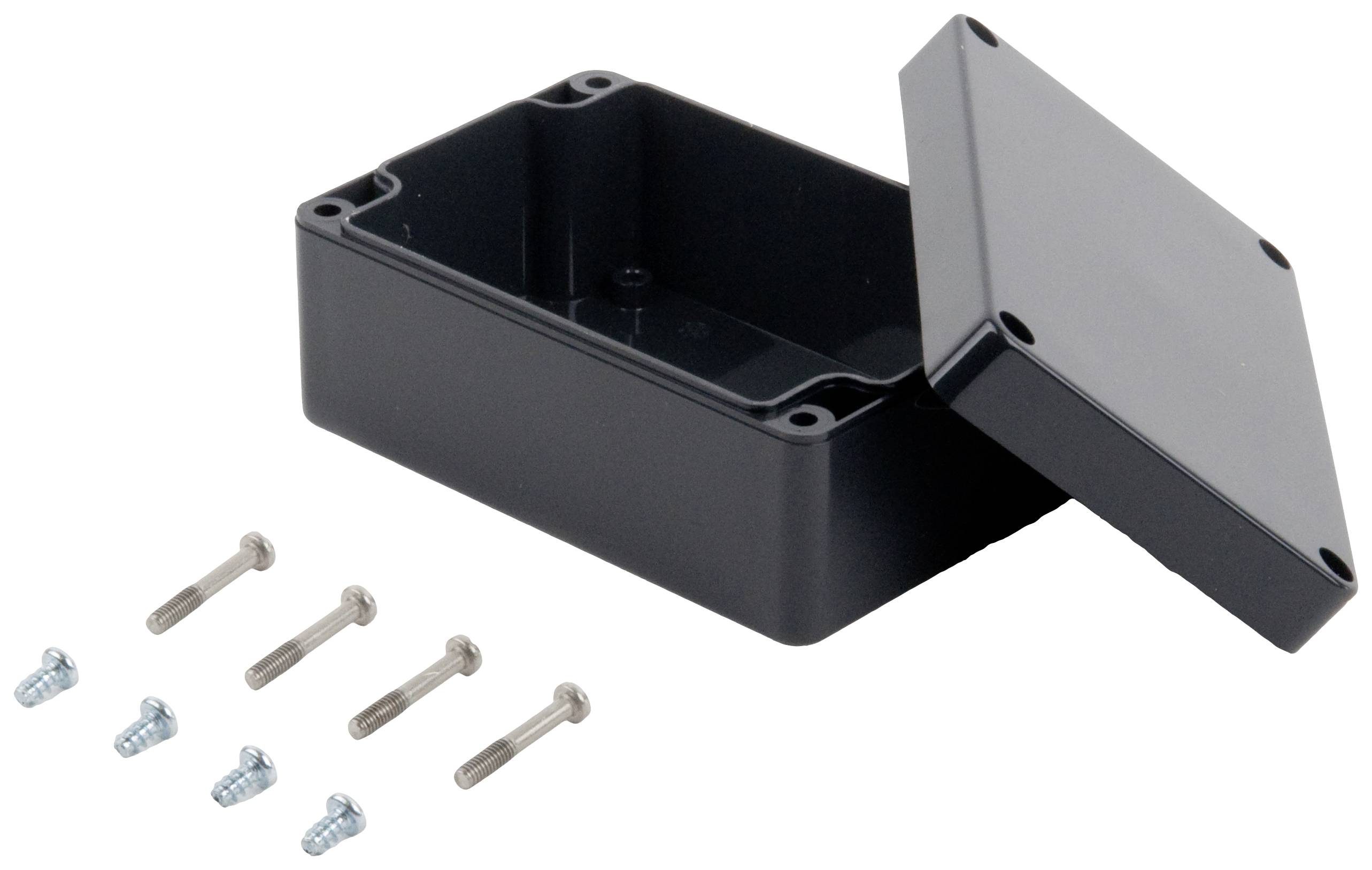 Boîtier rectangulaire noir en plastique avec couvercle retiré, à côté duquel se trouvent six vis de fixation.
