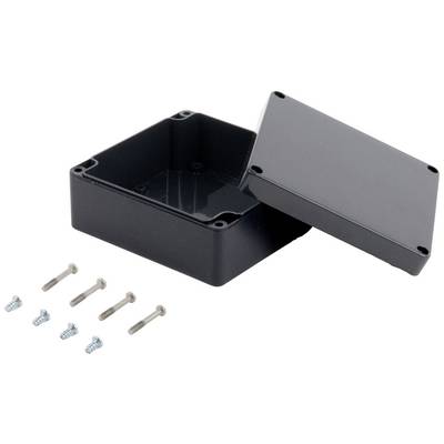 Boîtier en plastique noir avec un couvercle amovible, ouvert et présenté, à côté duquel se trouvent quatre vis de montage.