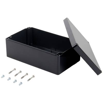 Boîtier en plastique noir rectangulaire, partiellement ouvert avec un couvercle amovible. Cinq vis à côté du boîtier.