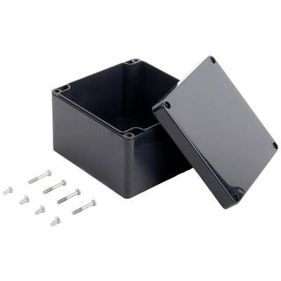 Boîtier en plastique noir avec couvercle amovible. Six vis sont disposées à côté pour la fixation. Adapté pour les projets électroniques.