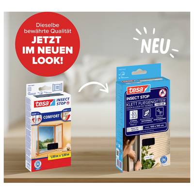 Graphique publicitaire avec la nouvelle conception d'emballage de tesa Insect Stop : à gauche l'ancien emballage du produit, à droite le nouvel emballage, reliés par une flèche et l'inscription « NOUVEAU ».