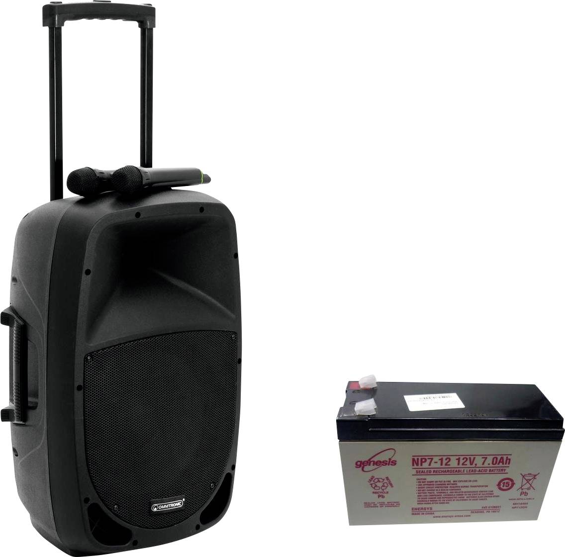 Un haut-parleur portable avec une poignée rétractable, à côté duquel se trouvent deux microphones. À côté se trouve une batterie de voiture.