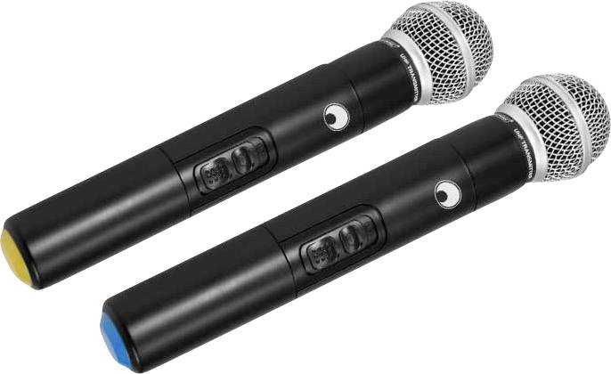 Deux microphones noirs avec des embouts colorés, l'un bleu et l'autre jaune. Ils sont posés parallèlement côte à côte sur un fond blanc.