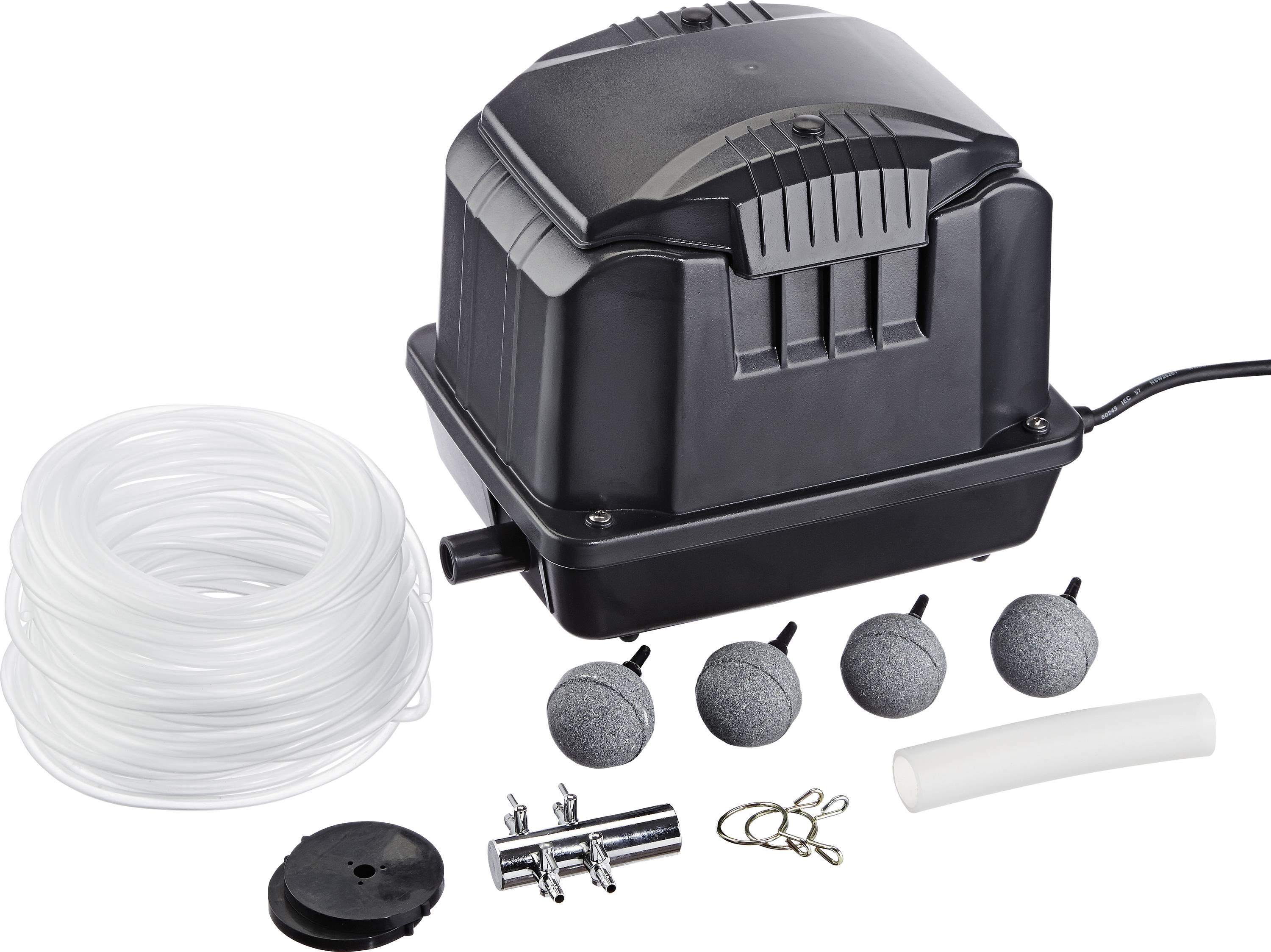 'Kit pour aquariums comprenant une pompe à air noire, un tube transparent, quatre diffuseurs d'air, des connecteurs et des clips pour support d'installation aquatique.'
