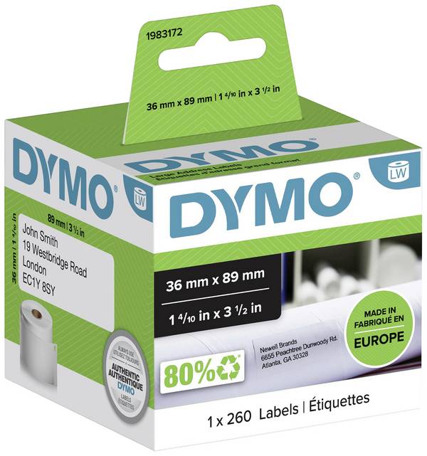 DYMO Rouleau d'étiquettes 1983172 1983172 89 x 36 mm papier blanc 260 pc(s) fixation permanente Etiquette d'expédition