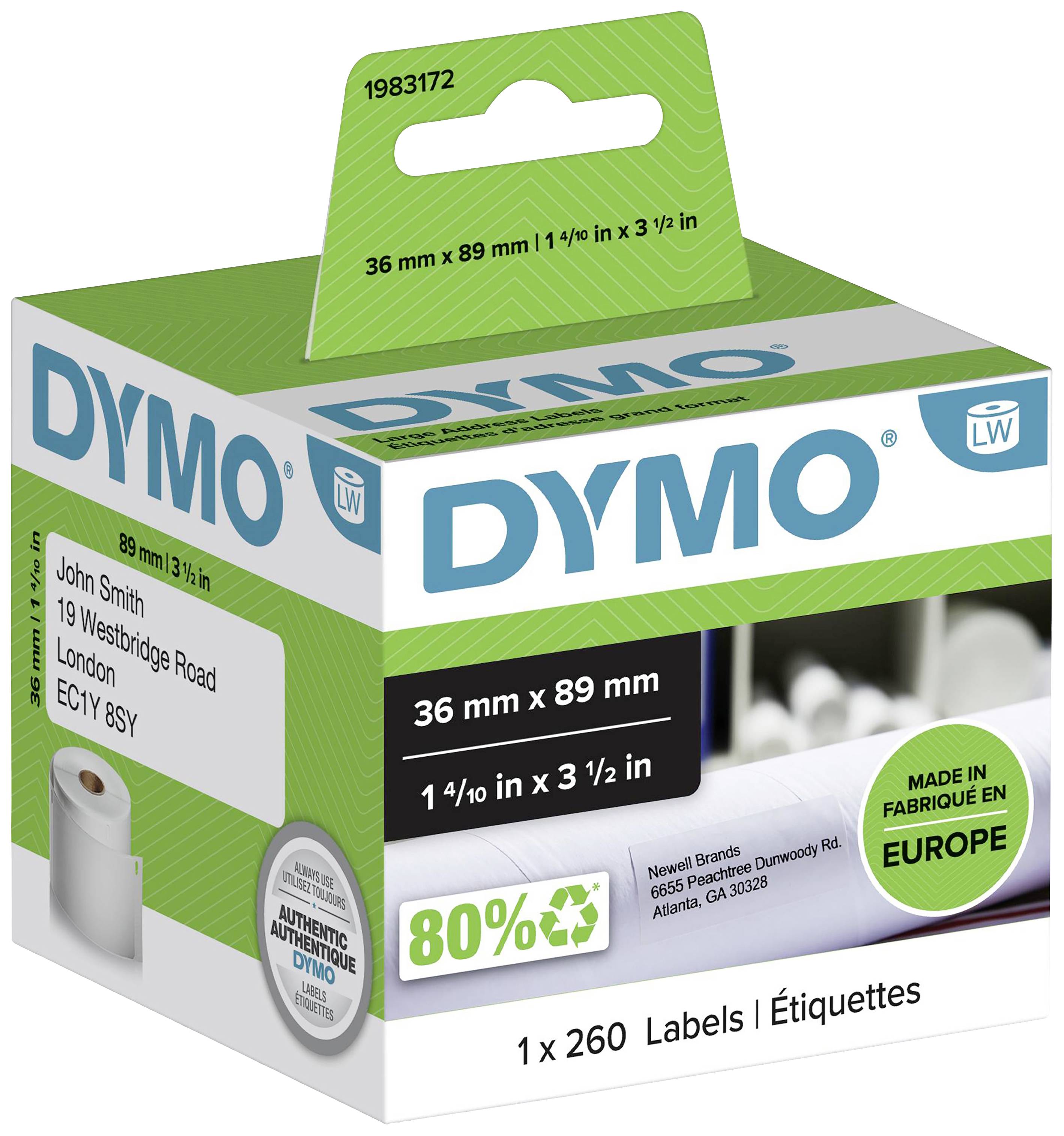 Emballage 'DYMO' pour étiquettes. Contient 260 étiquettes, dimensions : 36 mm x 89 mm. Fabriqué en Europe. Adresse et éléments verts mis en évidence.