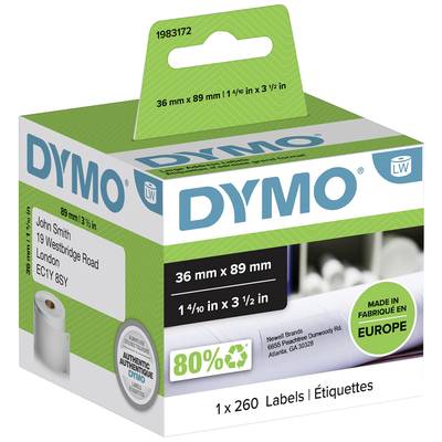Emballage 'DYMO' pour étiquettes. Contient 260 étiquettes, dimensions : 36 mm x 89 mm. Fabriqué en Europe. Adresse et éléments verts mis en évidence.