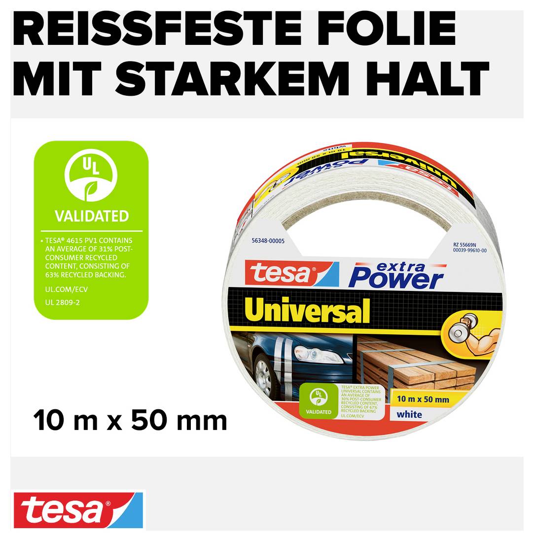 'Emballage de Tesa Universal extra Power en blanc, taille 10m x 50mm. Film résistant à la déchirure avec une adhérence puissante. Validé UL.'
