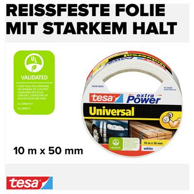 'Emballage de Tesa Universal extra Power en blanc, taille 10m x 50mm. Film résistant à la déchirure avec une adhérence puissante. Validé UL.'