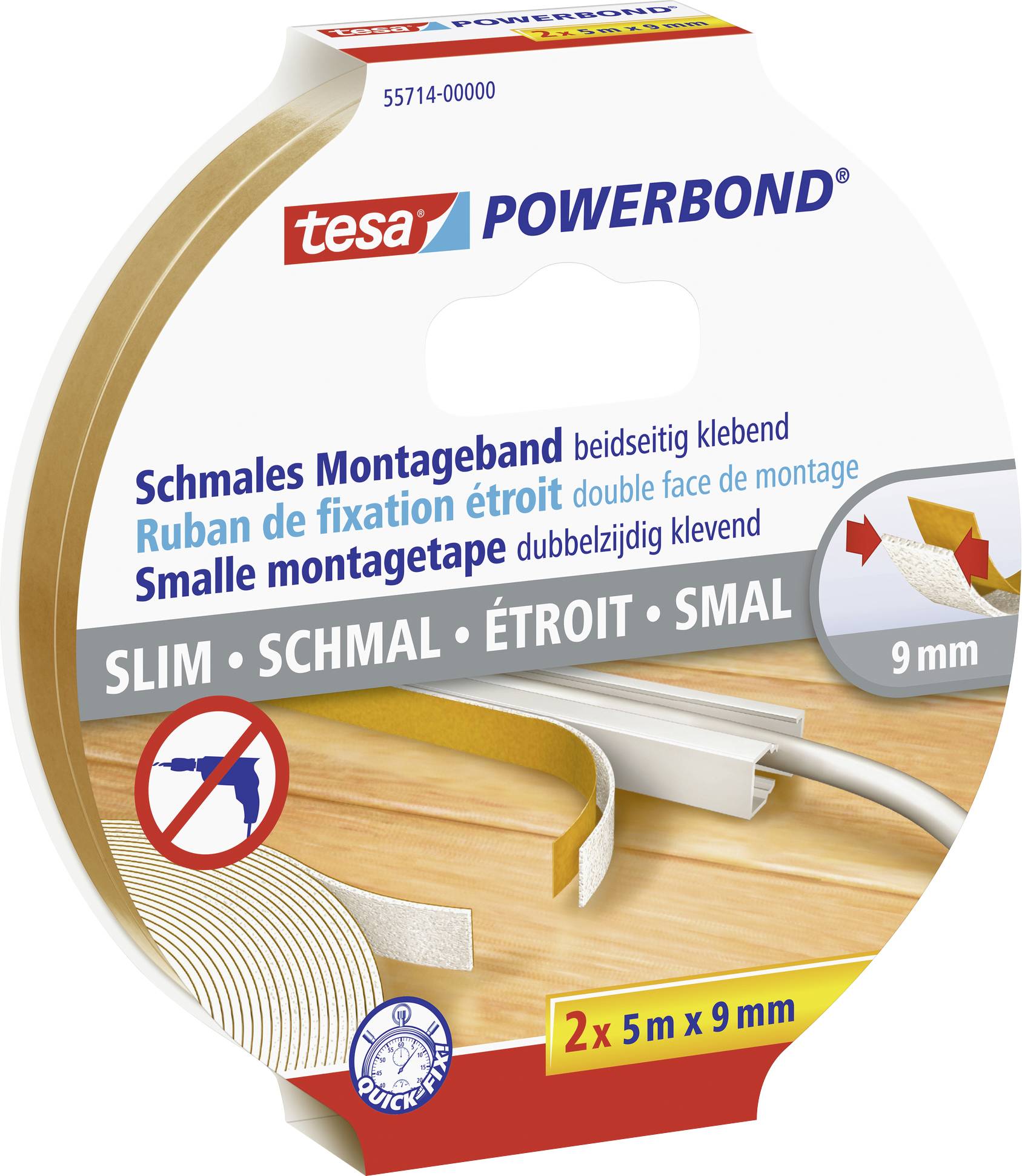 Emballage de produit pour la bande de montage étroite 'tesa POWERBOND'. Étiquetée en plusieurs langues. Présente un ruban adhésif double face.