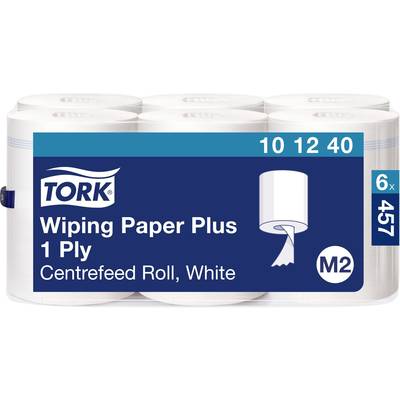 Pack de 6 rouleaux de papier d'essuyage Tork Plus, une épaisseur, rouleaux centrés, blanc. L'emballage présente l'image du produit et ses spécifications.