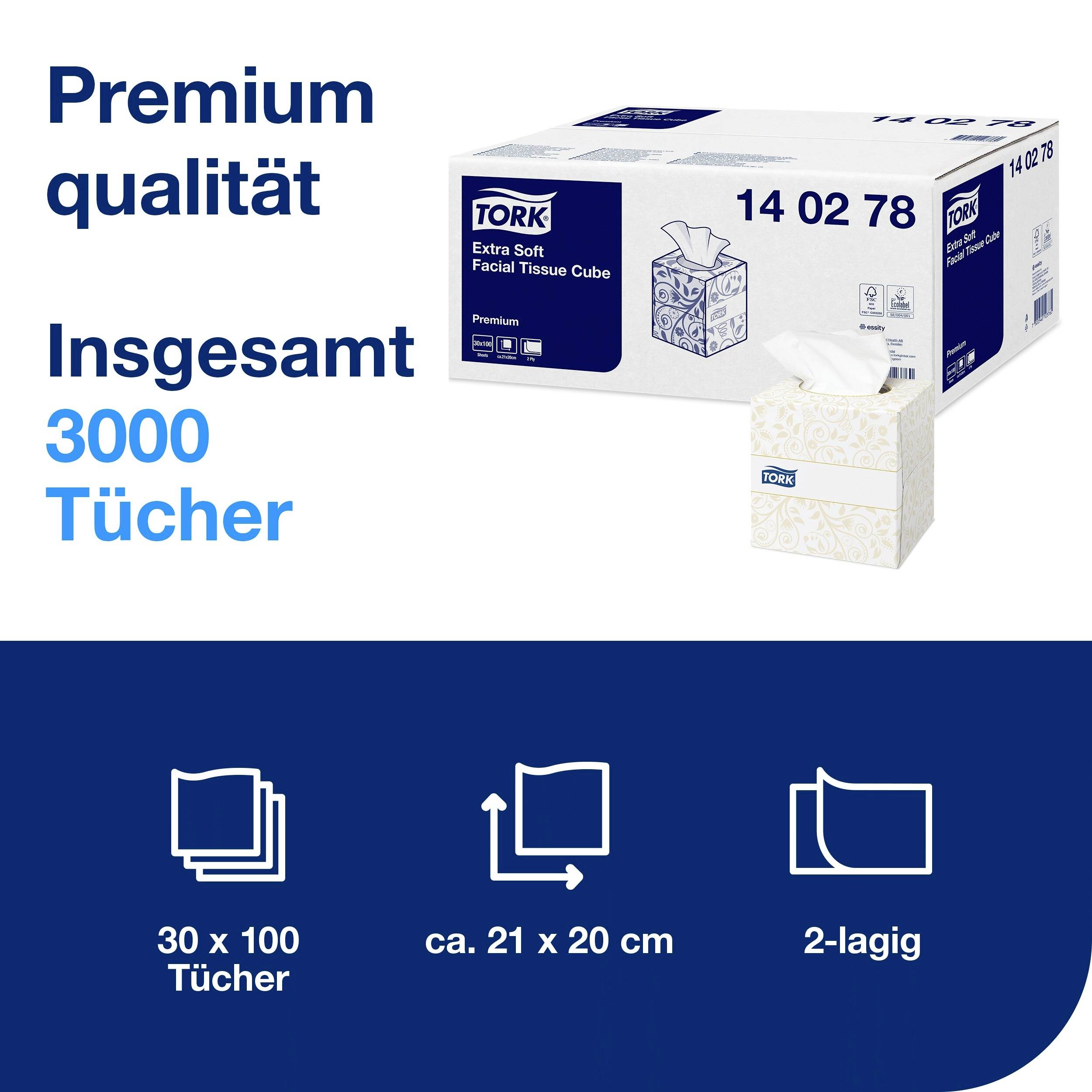 Un paquet de mouchoirs faciaux Tork Extra Soft avec 3000 mouchoirs, 2 épaisseurs, dimensions d'environ 21 x 20 cm. Indication de qualité premium.