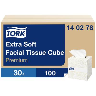 Un carton portant l'inscription 'Tork Extra Soft Facial Tissue Cube Premium', contenant 30 paquets de 100 mouchoirs chacun.
