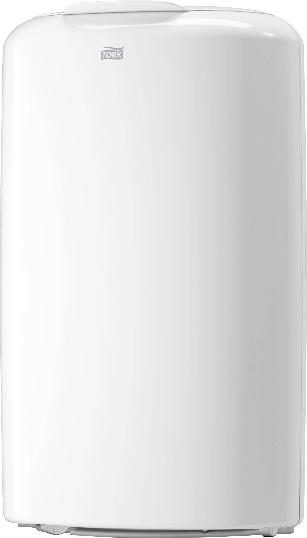 Distributeur de serviettes en papier commercial Tork blanc montré en vue de face sur un fond blanc uni.