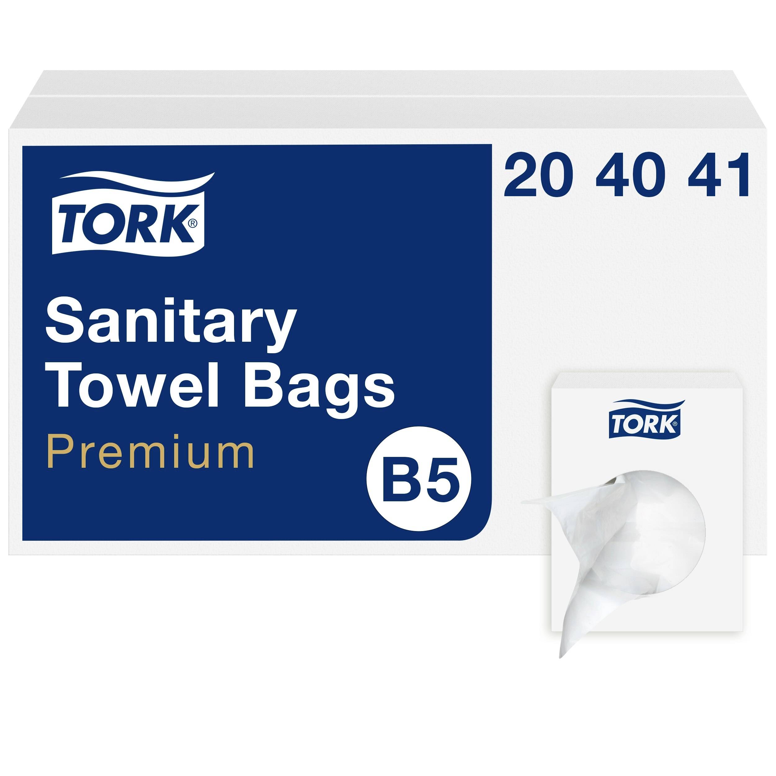 Emballage de sacs hygiéniques portant l'inscription 'Tork Sanitary Towel Bags Premium B5'. Un sac ouvert révèle un tissu blanc.