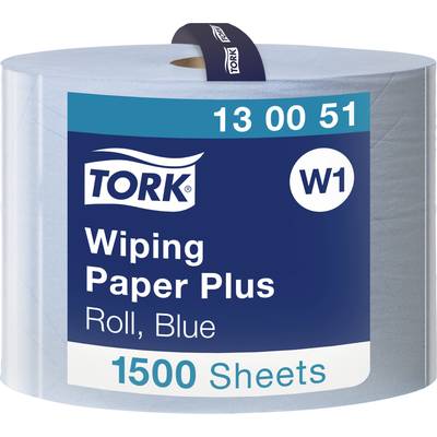Un rouleau bleu de papier d'essuyage Tork Plus portant l'inscription 'W1, 130051, Rouleau, Bleu, 1500 Feuilles'.