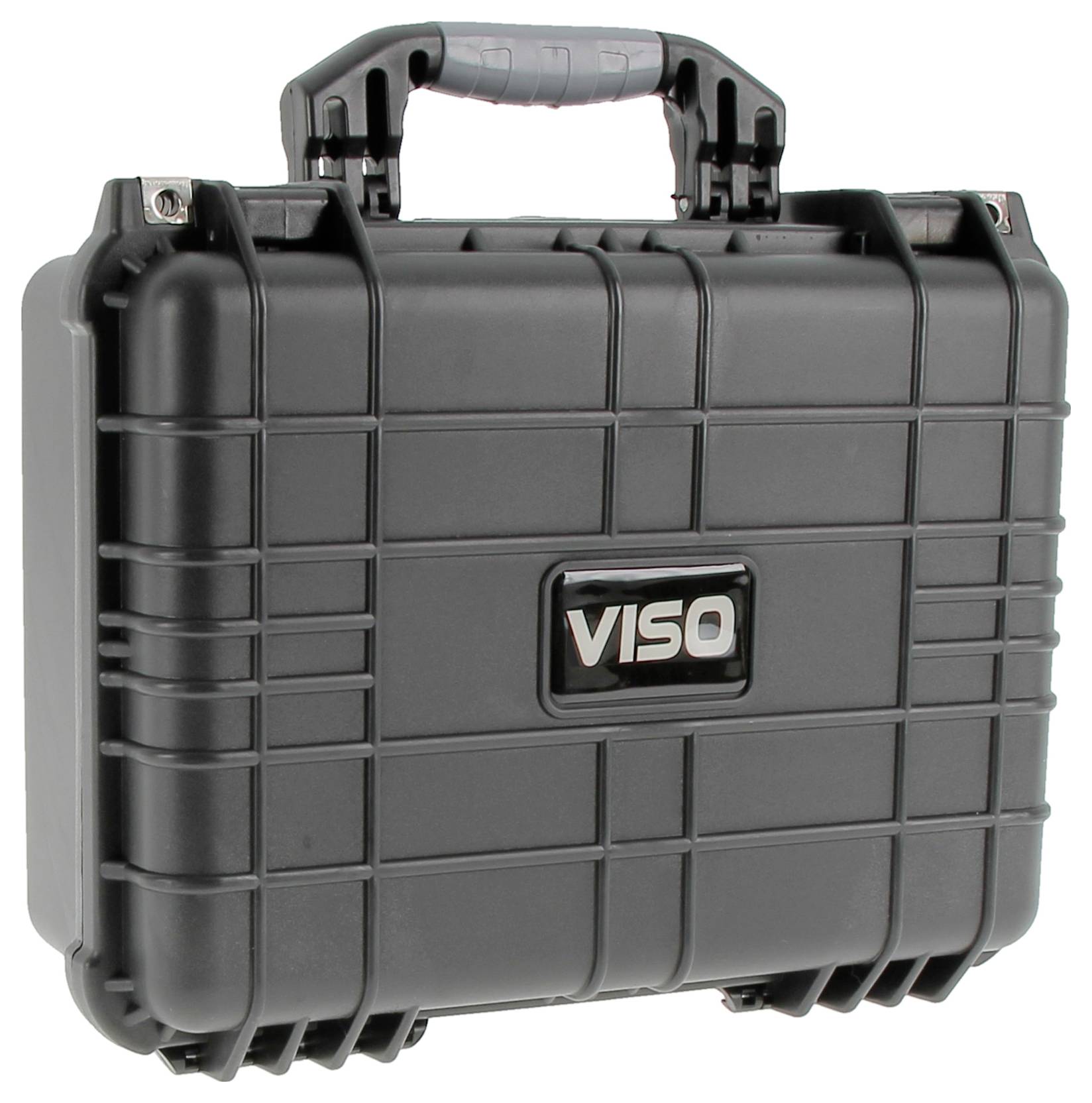 Un étui de transport robuste en noir avec une poignée, portant le nom de marque 'VISO' sur l'avant. L'étui présente un design résistant et protecteur.