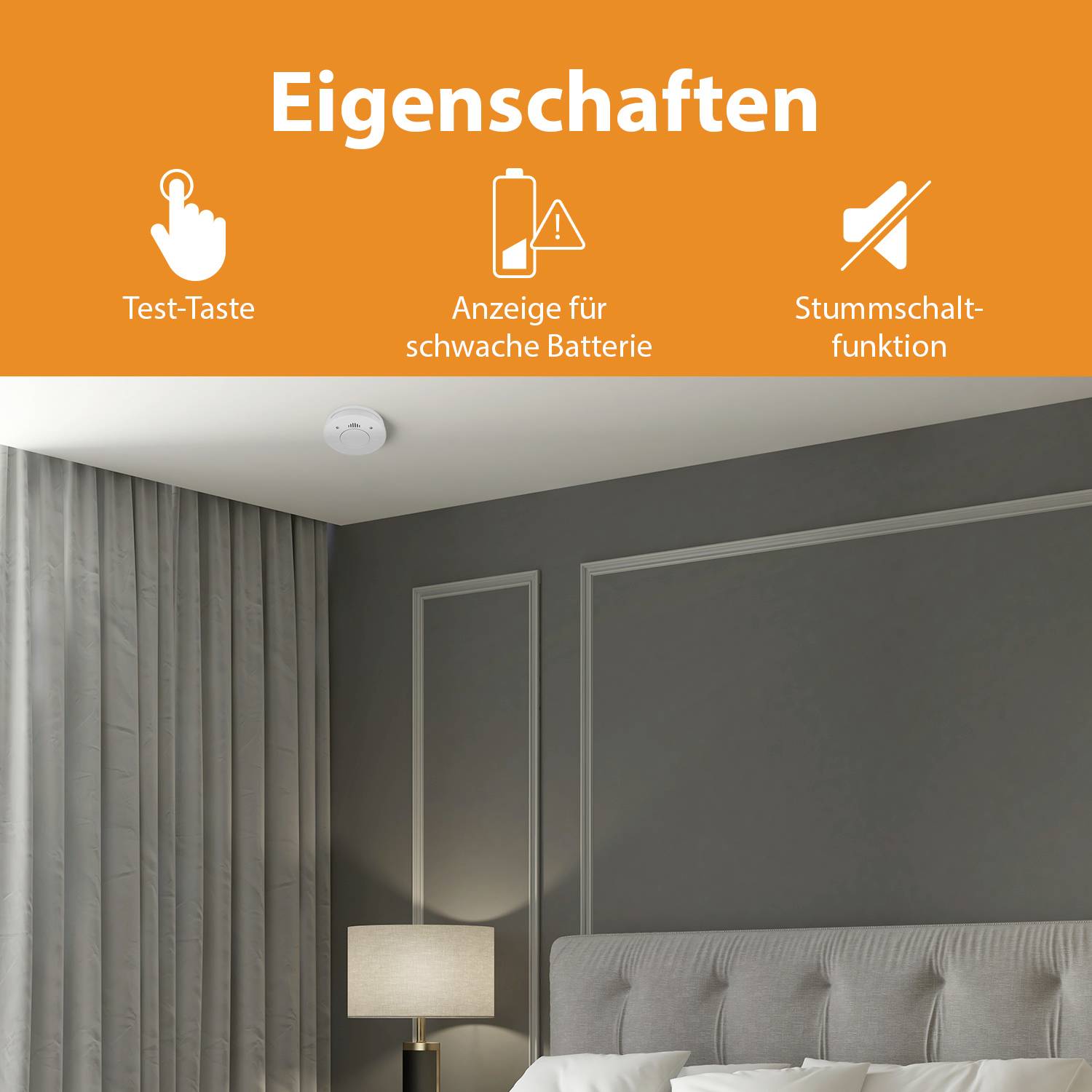 'Détecteur de fumée dans la chambre à coucher montrant ses fonctions : touche de test, indicateur de batterie faible et fonction de mise en sourdine.'