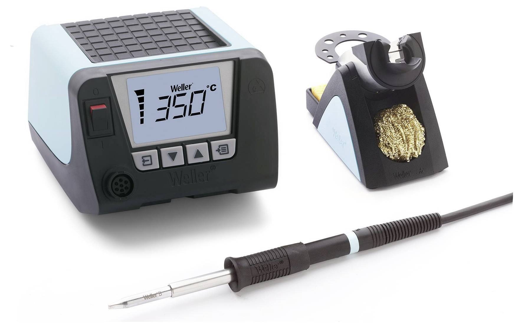 Station de soudure avec affichage numérique indiquant 350°C, crayon de soudure et éponge de nettoyage. Utilisée pour des travaux électroniques de précision.