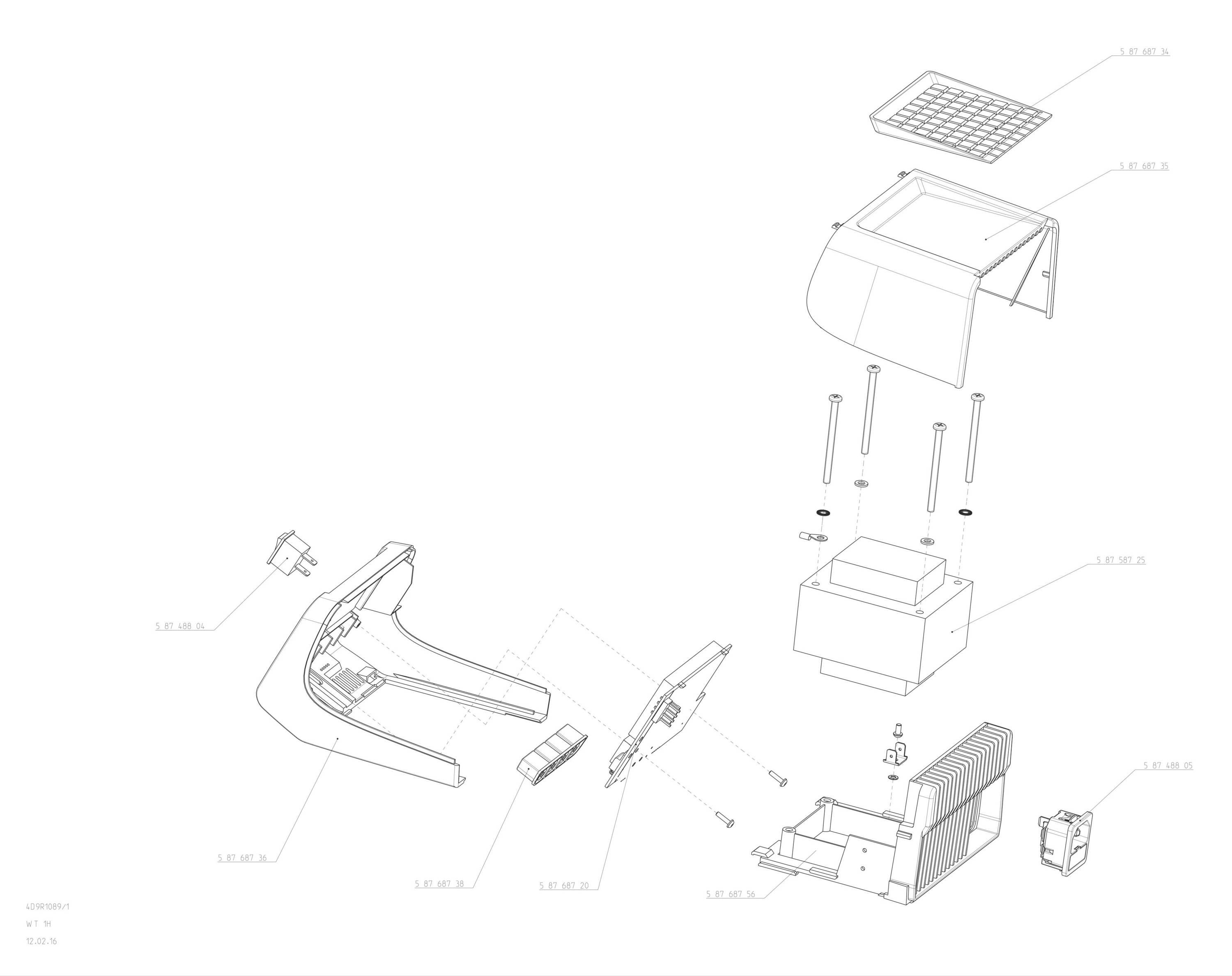 Vue éclatée d'un appareil présentant plusieurs composants, dont un boîtier, des vis, une grille et des pièces électroniques, avec étiquettes.