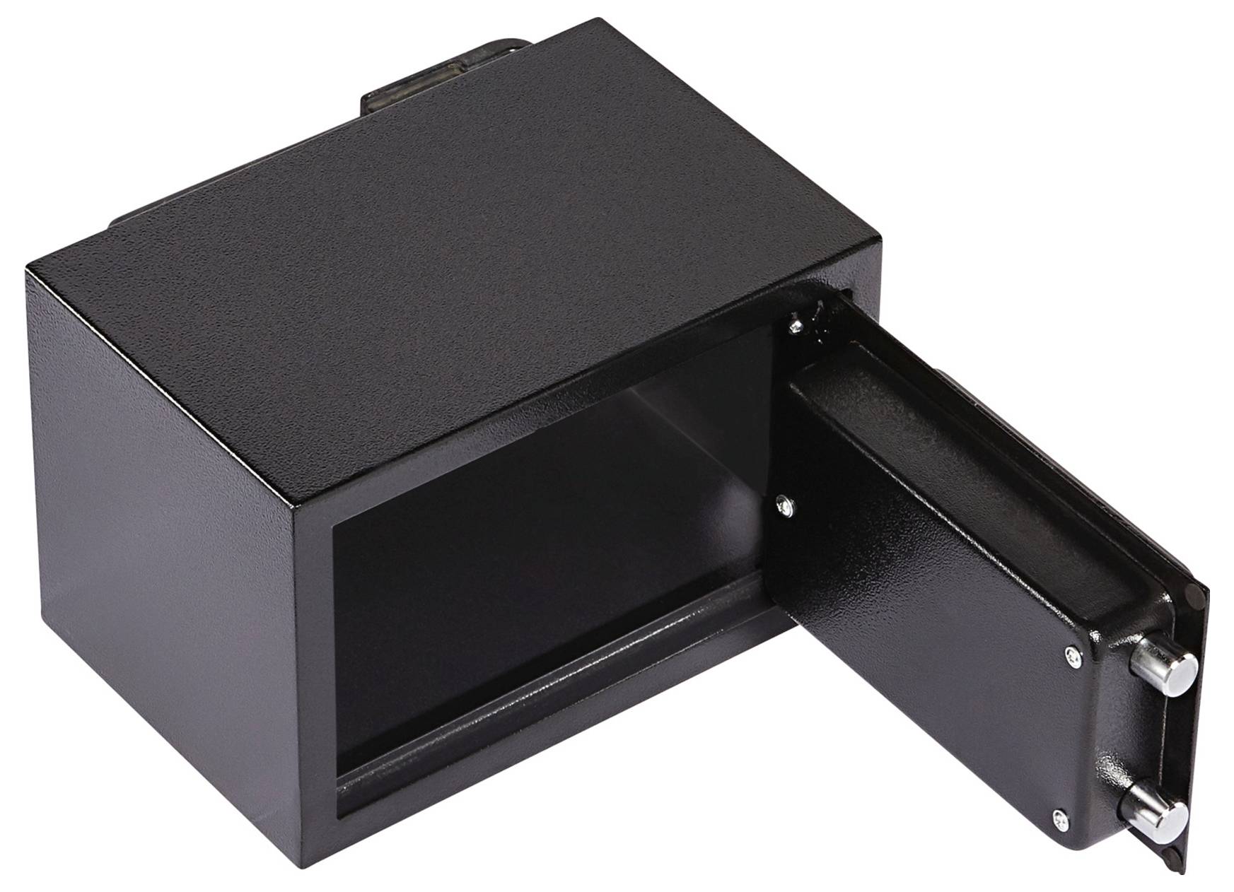 Coffre-fort noir rectangulaire avec porte ouverte, montrant un intérieur vide.