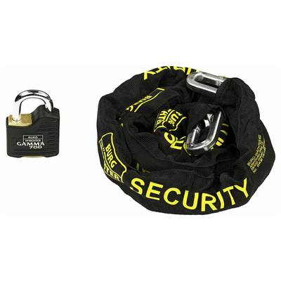 Cadenas de sécurité noir avec l'étiquette 'Burg Wächter Gamma 700' à côté d'un câble antivol noir enroulé avec le texte jaune 'SECURITY'.