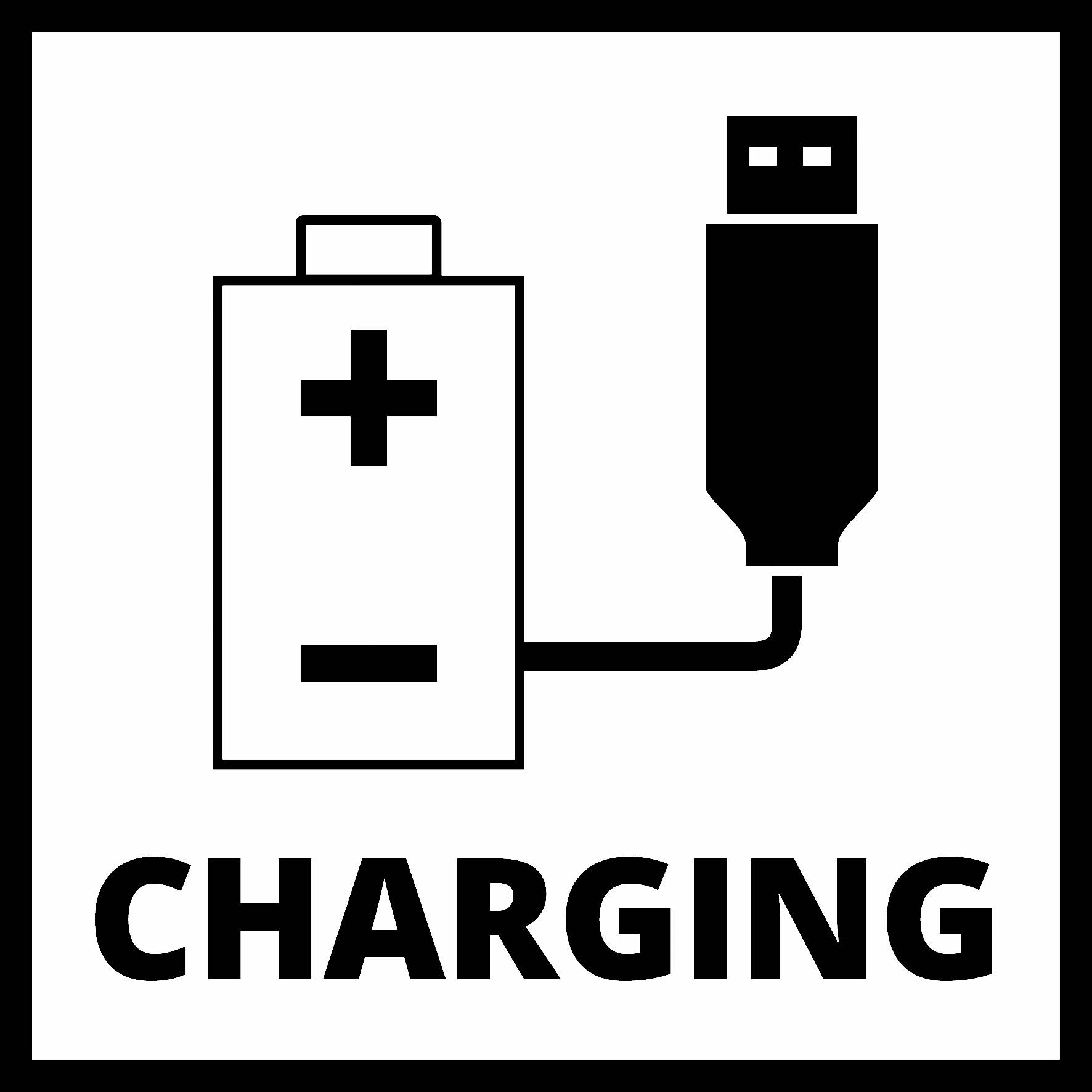Symbole 'RECHARGE' avec une batterie et un câble USB reliés par une ligne.