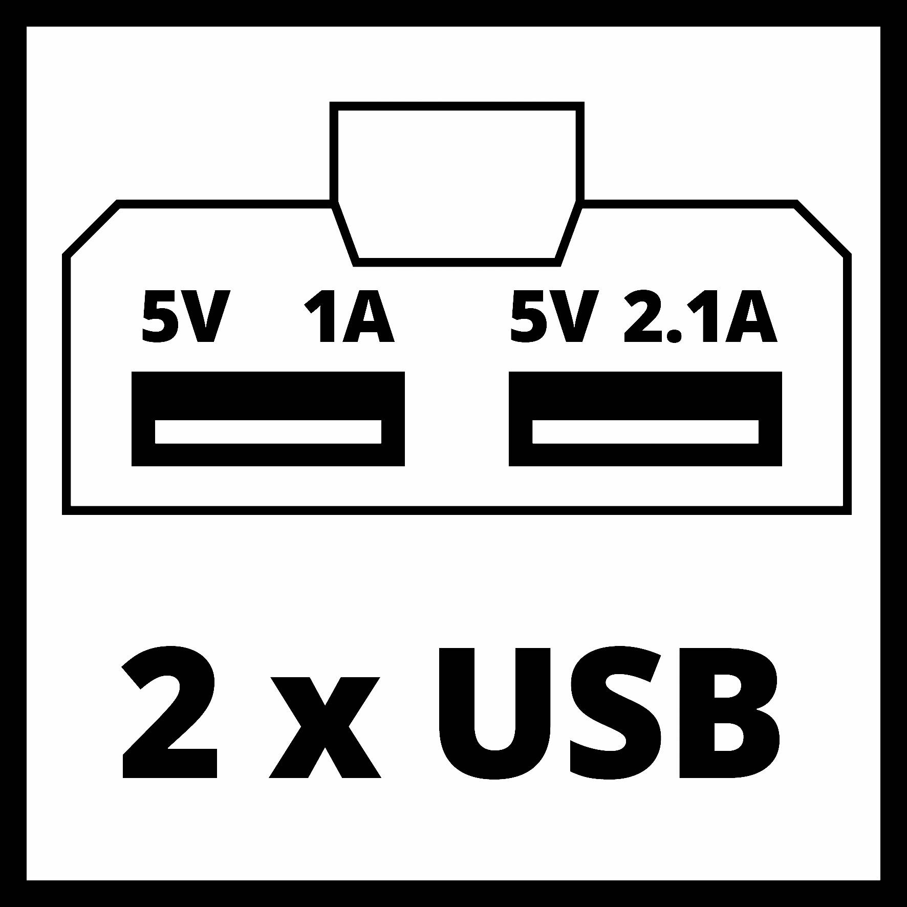 2 x USB : Deux ports USB, l'un avec 5V 1A et l'autre avec 5V 2,1A, sur fond blanc.