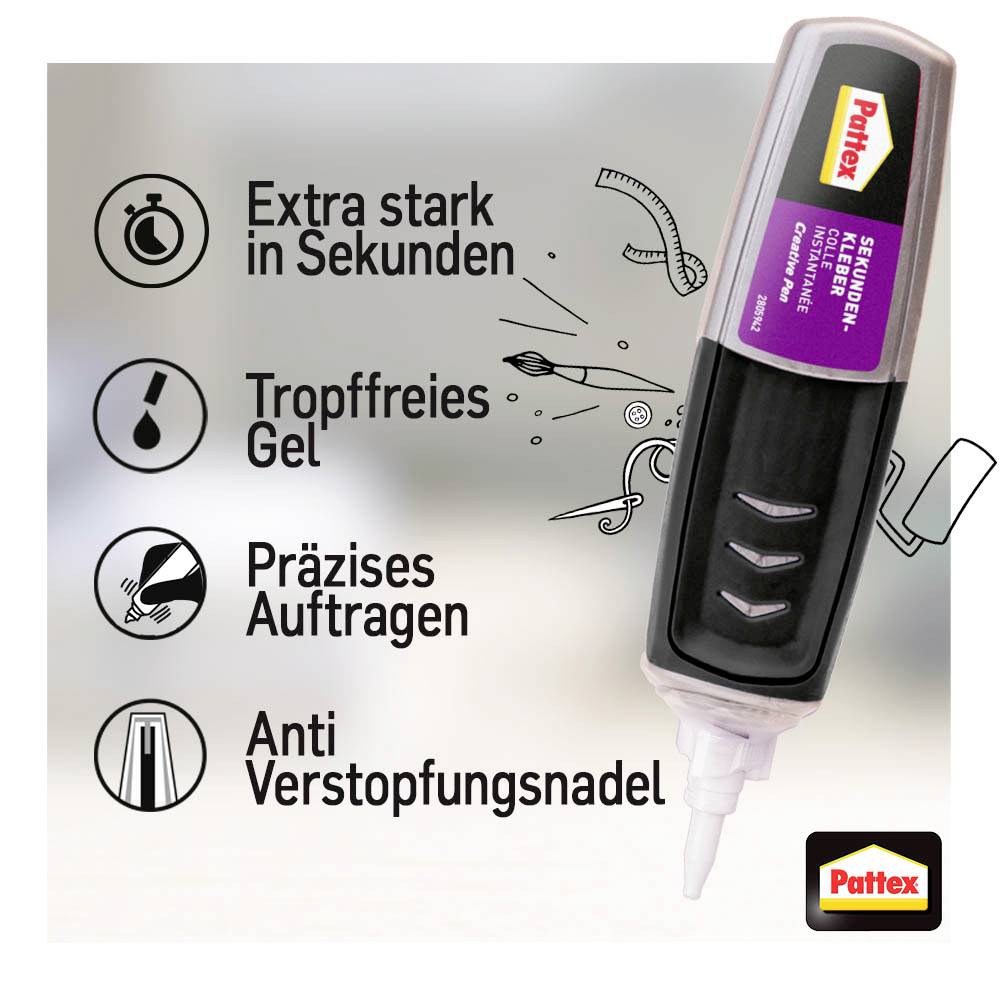 Un adhésif liquide avec les caractéristiques : 'Extra fort en quelques secondes', 'Gel sans gouttes', 'Application précise', 'Aiguille anti-obstruction'.